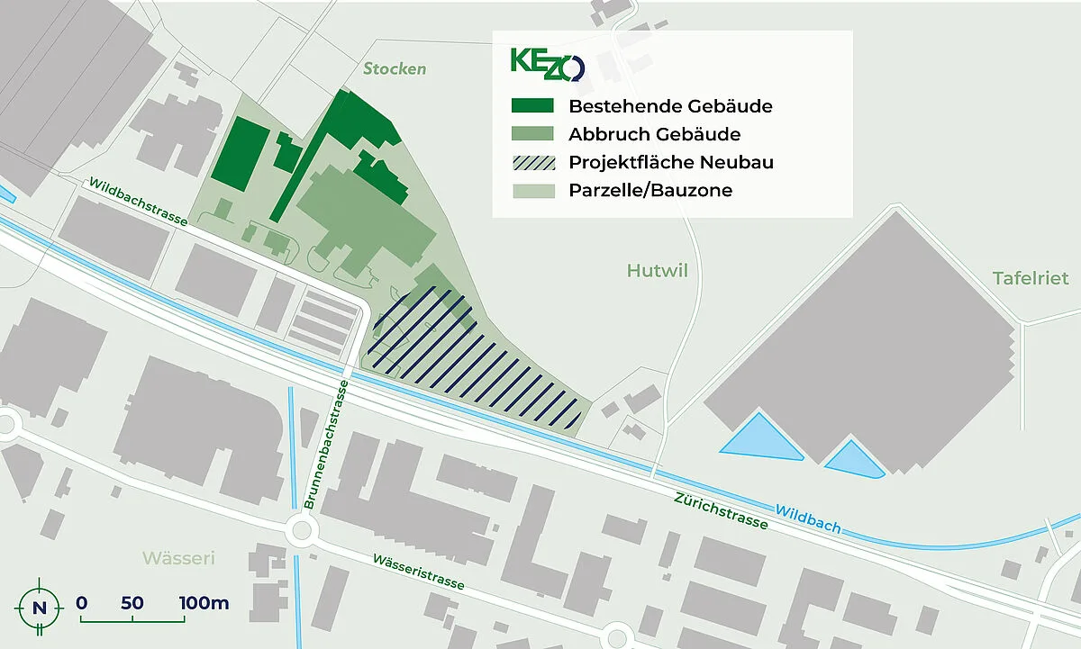 Hier ist der Neubau der Kezo geplant. Man sieht einen Plan mit dem Neubauprojekt der Kezo.